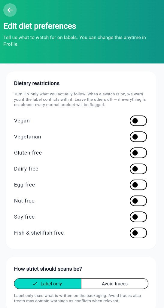 NutriSafe diet preferences screen