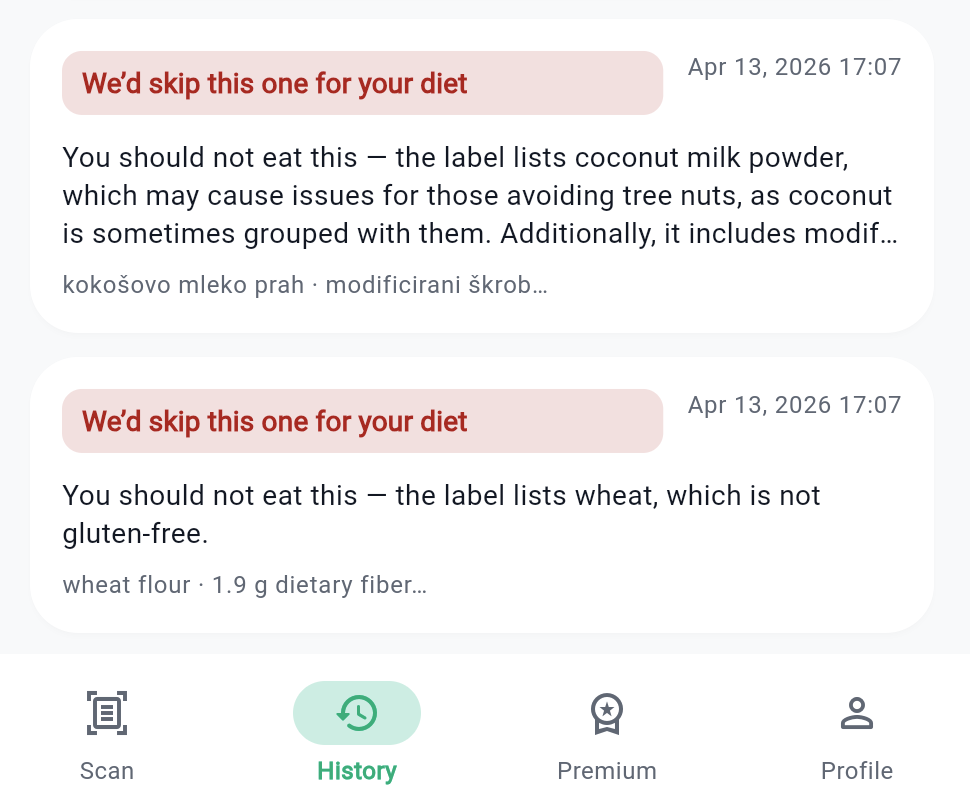 NutriSafe history screen