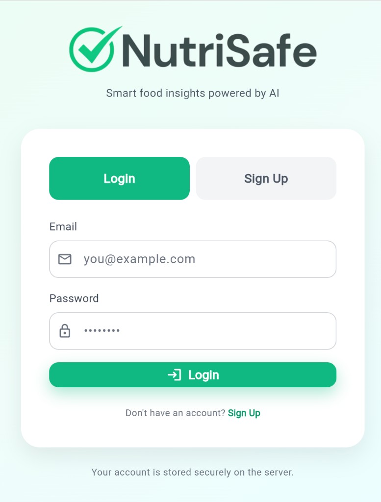 NutriSafe login screen