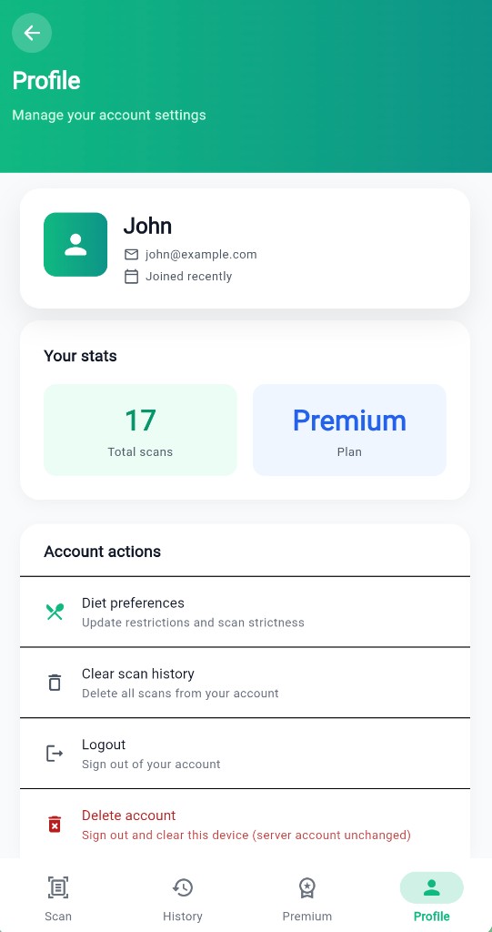 NutriSafe profile screen