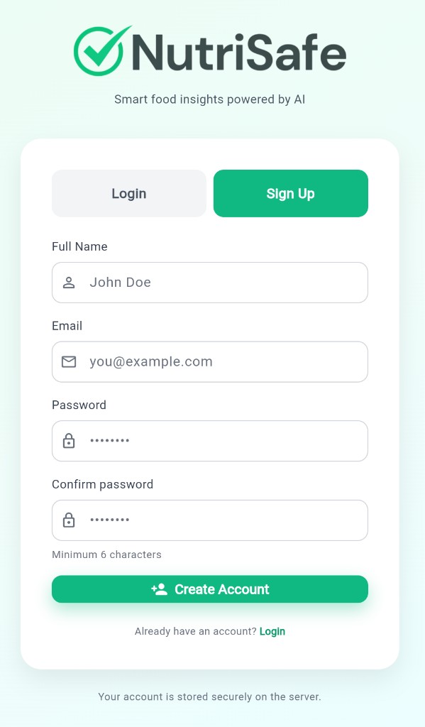 NutriSafe register screen